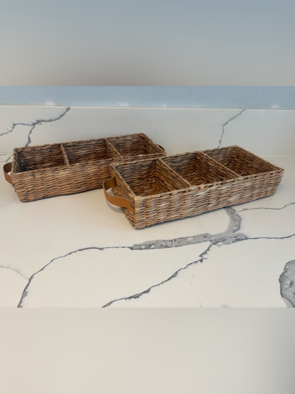 Set of two 3-Compartment Organizer Tray Set with Leather Handles - Natural